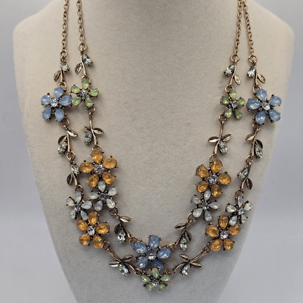 Gold Tone Floral Crystal Necklace Multicolor Rhinestone Flower Vine 17" + 2" Ext